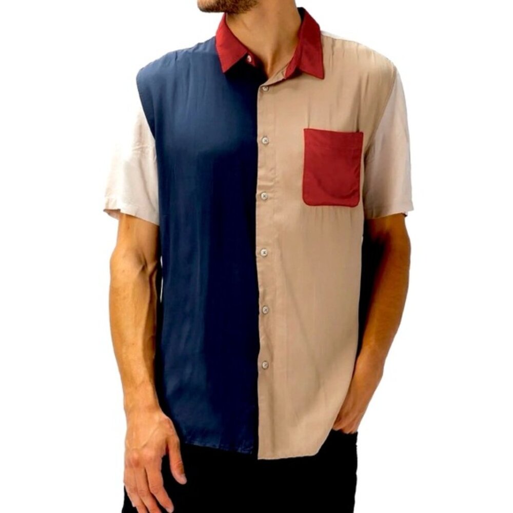 Nat Nast Luxury Originals 100% Silk Colour Block Short Sleeve Button Up Shirt-XL